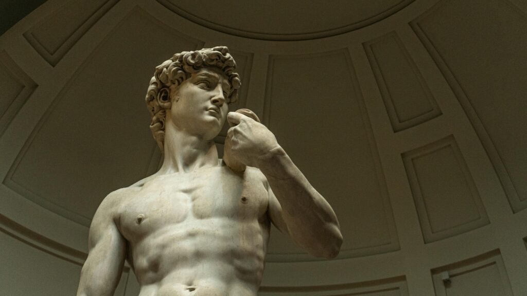 Photograph of Michelangelo's David statue in Florence's Galleria dell'Accademia.