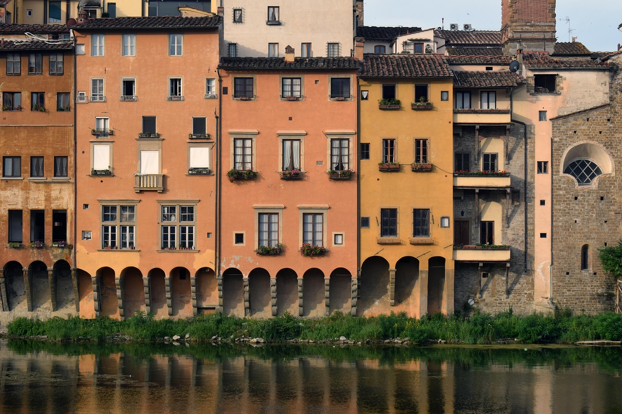 florence, italy, buildings, nature, arno river, river, architecture, mirroring, reflection, water, riverside, firenze
