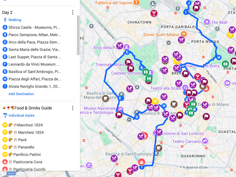 Google Maps with color-coded layers and pins for Milan