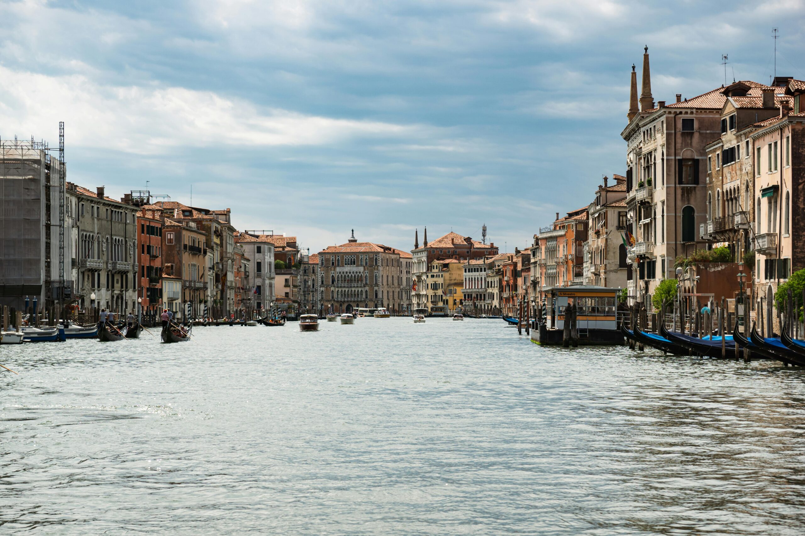 Historic buildings and gondolas along the Grand Canal in Venice