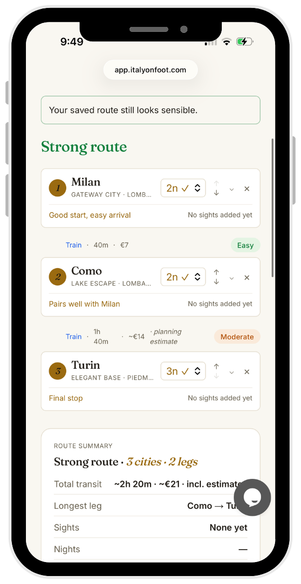 Italy on Foot route planning screen