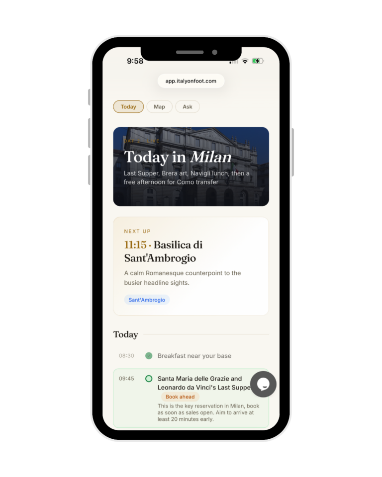 Today screen in the Italy on Foot app showing the current day plan with Today, Map and Ask tabs.