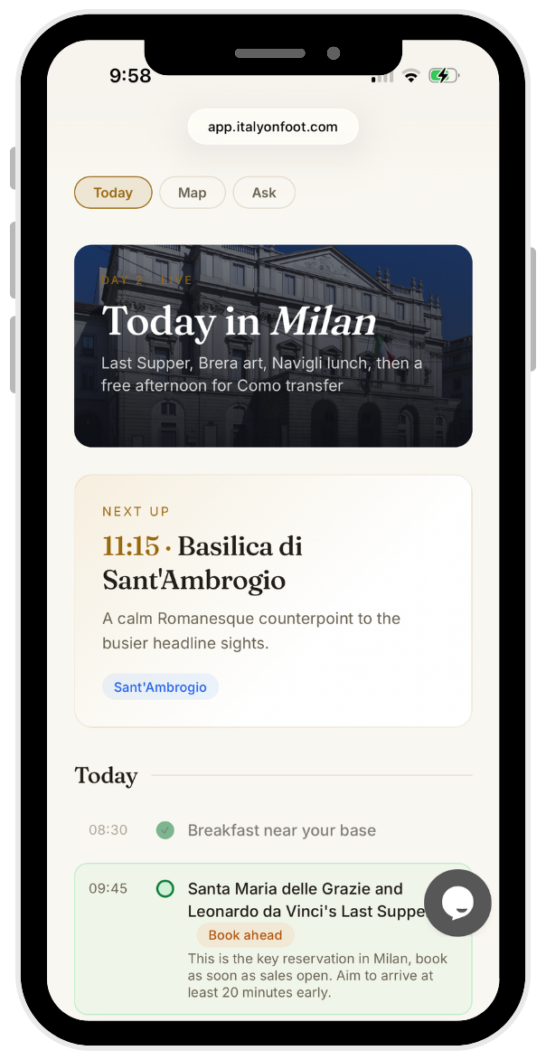 Italy on Foot daily itinerary screen