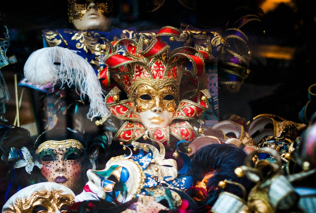 Display of decorated Venetian Carnival masks
