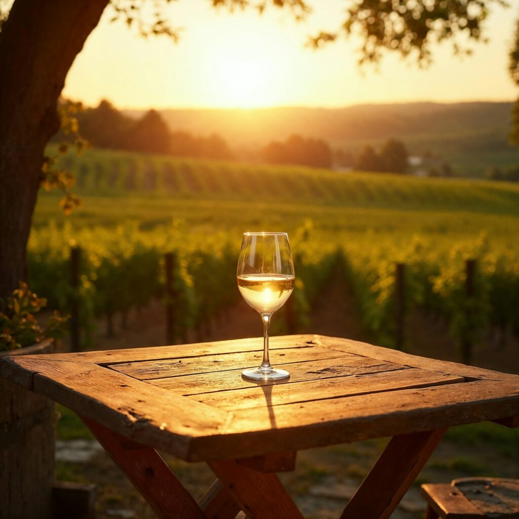 Glass of white wine on a table overlooking a vineyard