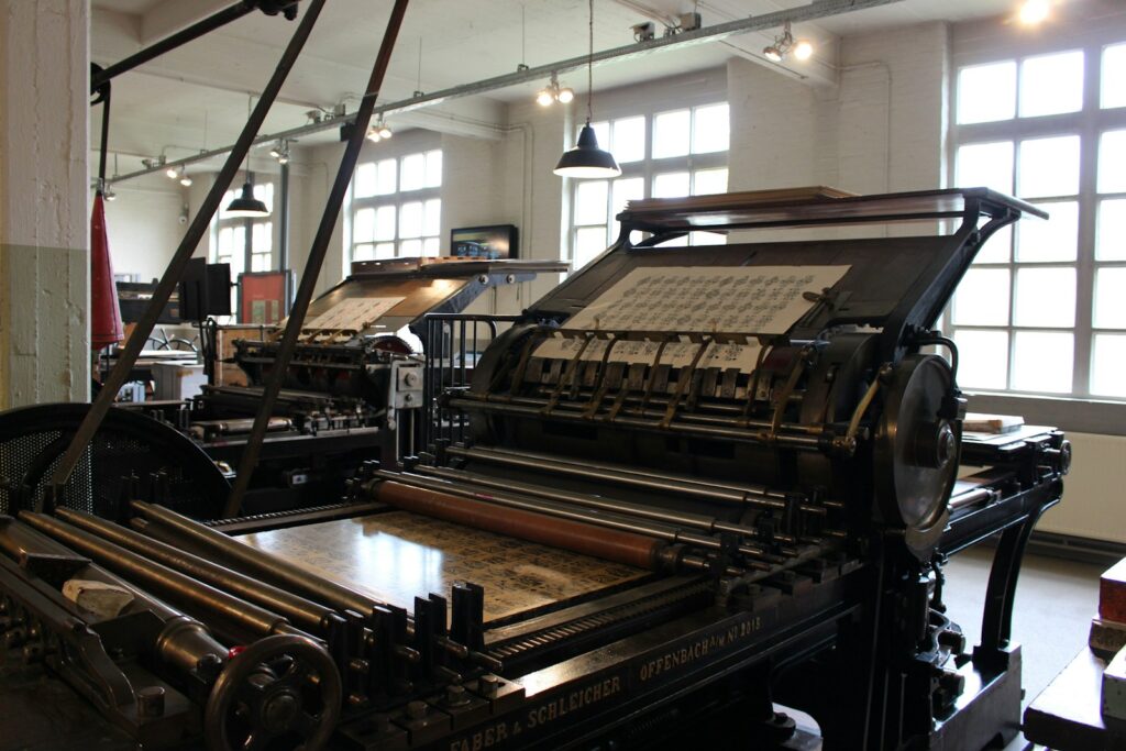 Traditional printing press in a print workshop